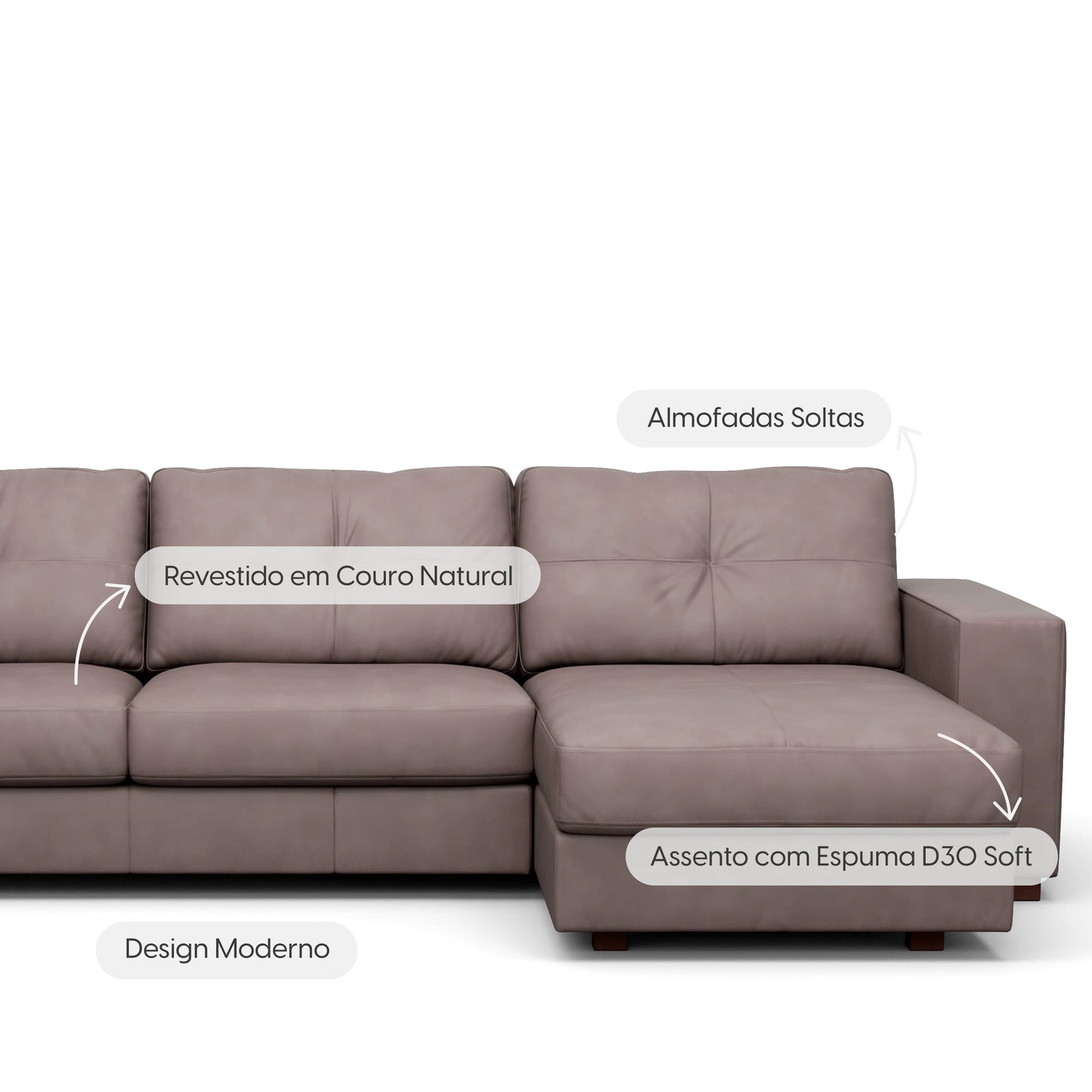 Sofá 5 Lugares com Chaise Lado Direito Avalon 296 cm - Couro Natural Chumbo