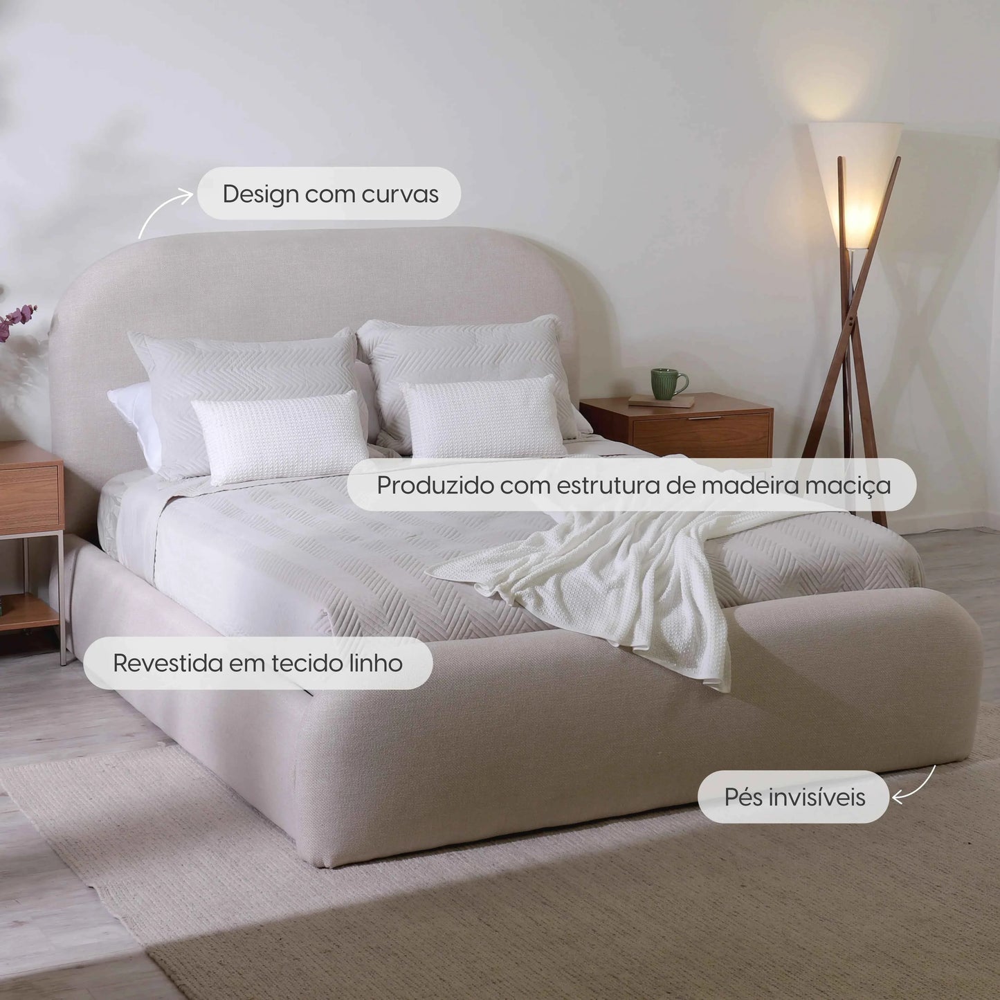 Cama Estofada King com Cabeceira Aurora - Linho Texturizado Off White