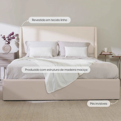 Cama Estofada King com Cabeceira Ayla - Linho Texturizado Off White