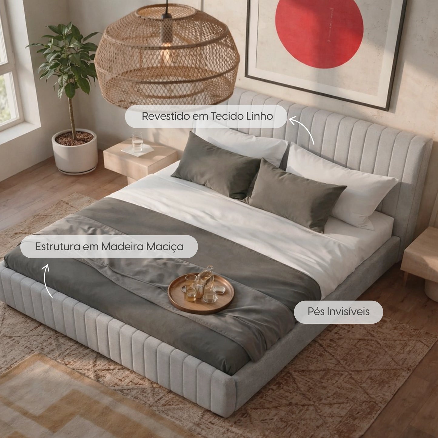 Cama Estofada de Casal com Cabeceira Louise - Linho Cinza