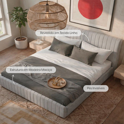 Cama Estofada de Casal com Cabeceira Louise - Linho Cinza