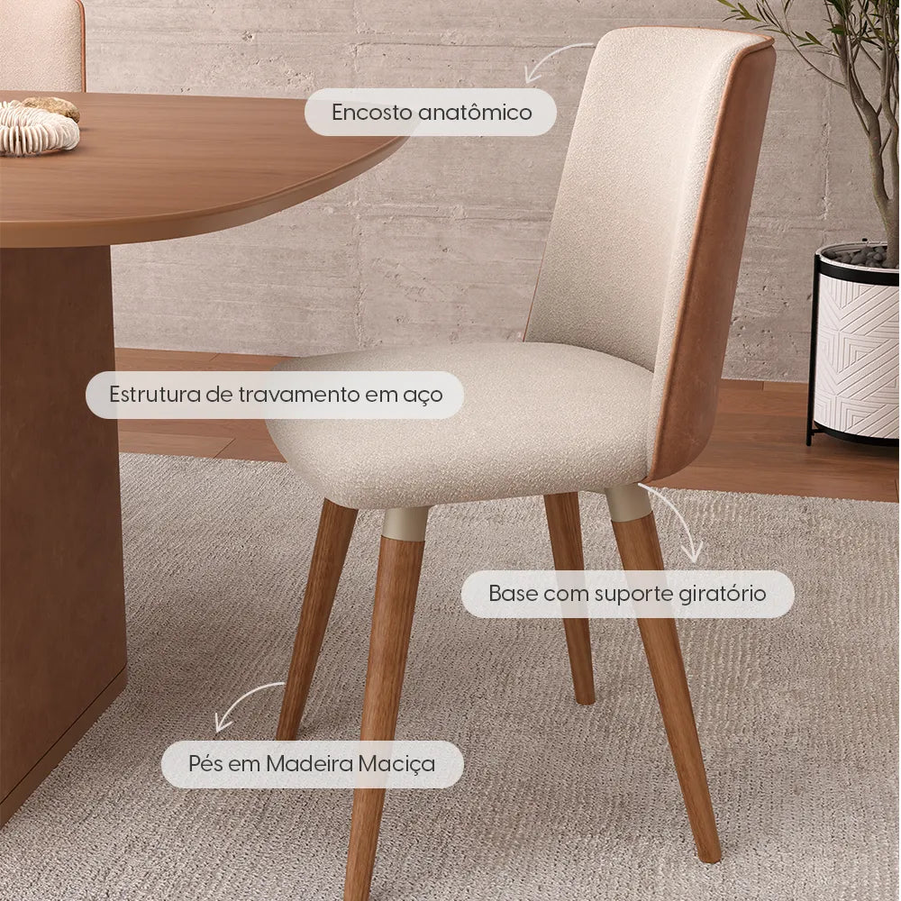 Conjunto de 2 Cadeiras Giratória de Madeira Maciça Estofada Dakota - Natural c/ Bouclé Cru e PU Off White - Champanhe