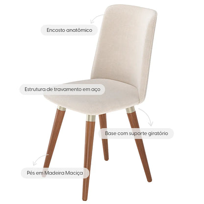 Conjunto de 2 Cadeiras Giratória de Madeira Maciça Estofada Dakota - Natural c/ Linho Off White - Champanhe