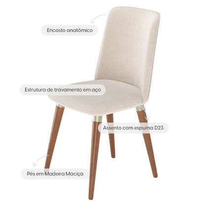 Conjunto de 2 Cadeiras de Madeira Maciça Estofada Dakota - Natural c/ Linho Off White - Champanhe