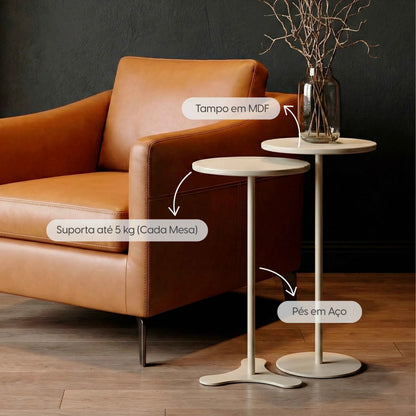 Conjunto de 2 Mesas Laterais Redonda Orb - Off White c/ Champanhe