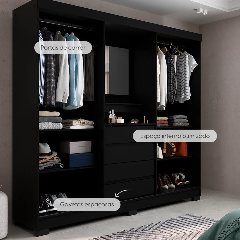 Guarda-Roupa Casal com Espelho 2 Portas de Correr 4 Gavetas Finley 184 cm