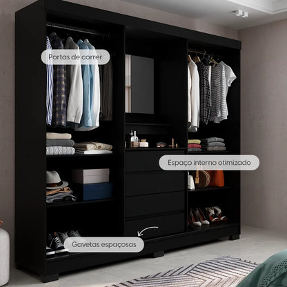 Guarda-Roupa Casal com Espelho 2 Portas de Correr 4 Gavetas Finley 184 cm