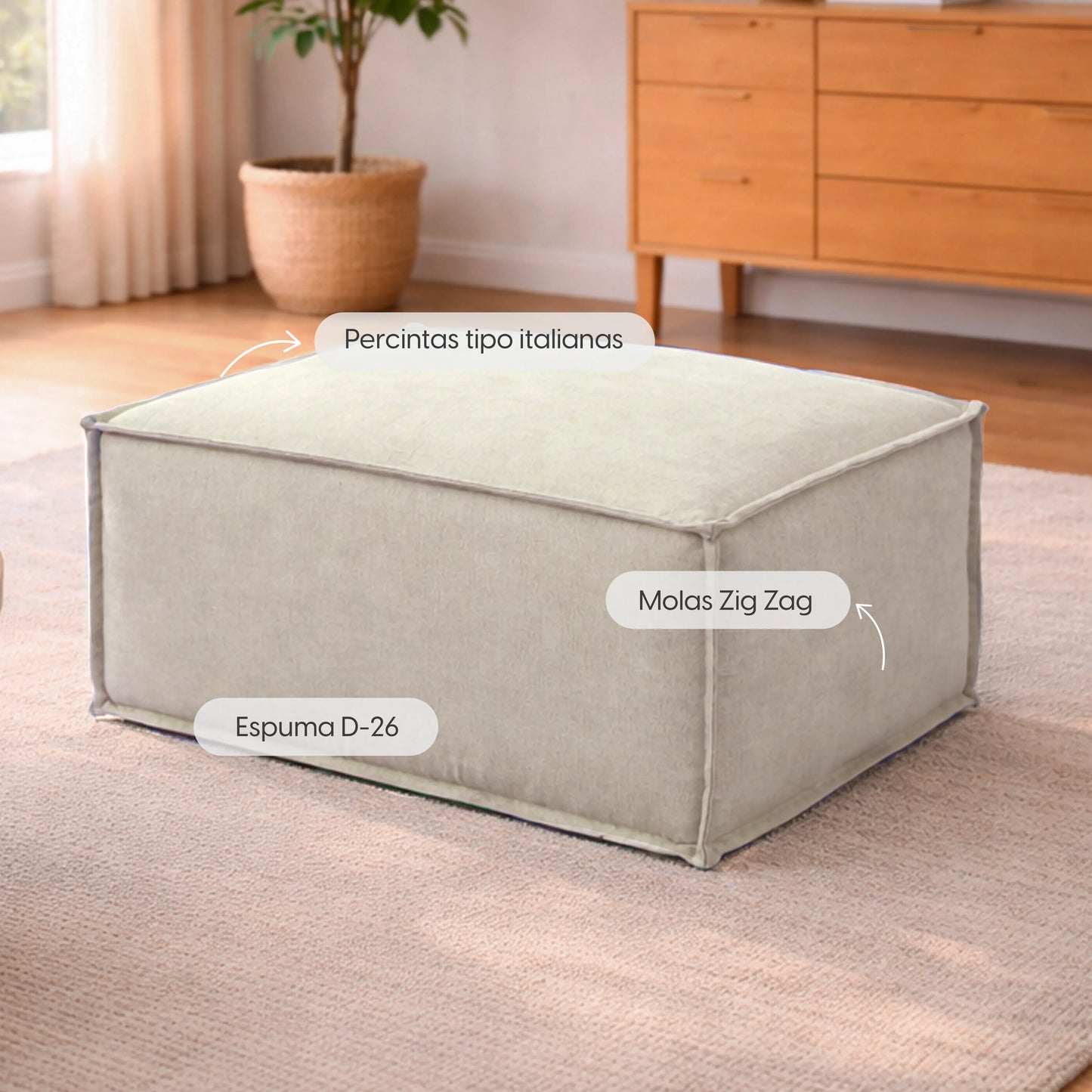 Puff Modular Estofado Freddo 80 cm - Linho Texturizado Bege