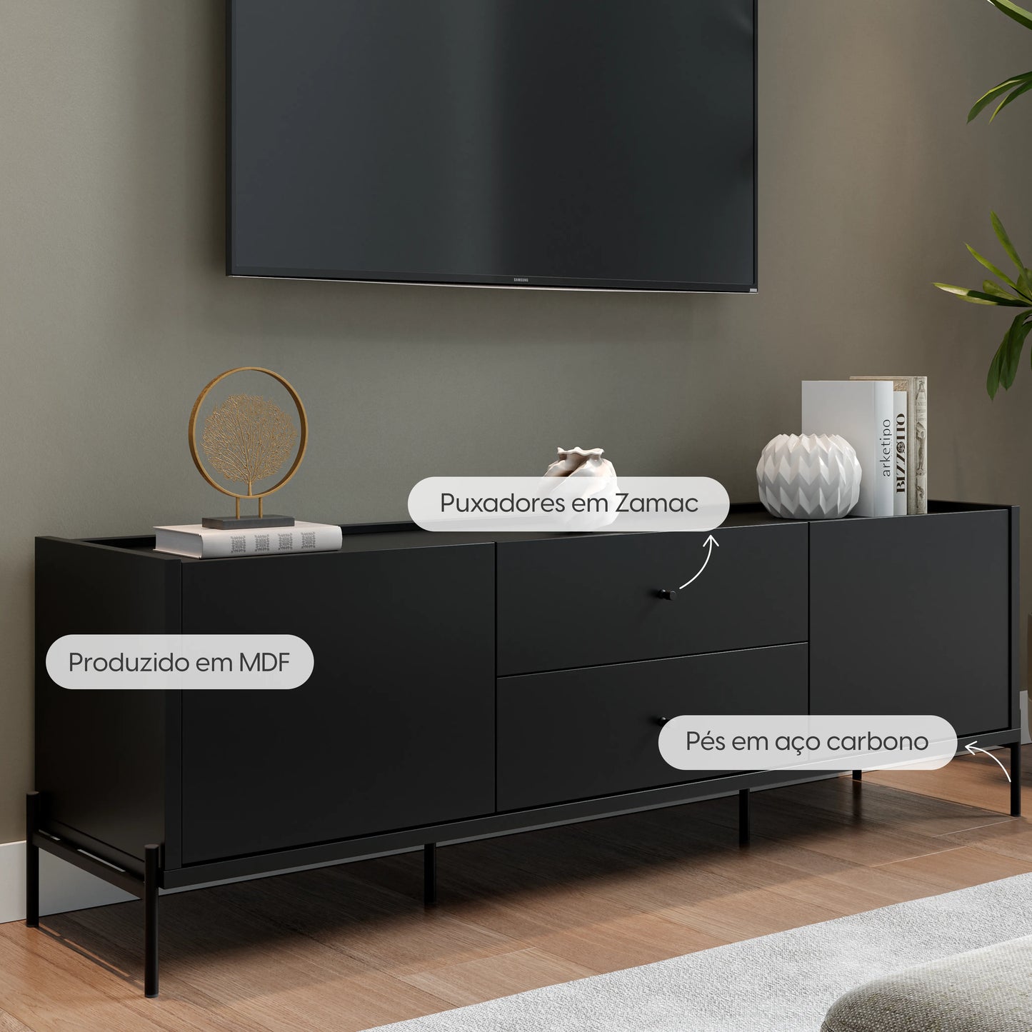 Rack para TV Até 75" 2 Gavetas 2 Portas Jasper 185 cm - Preto Fosco