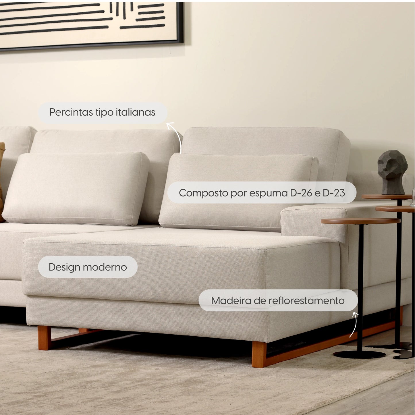 Sofá 6 Lugares com Chaise Lado Direito Mônaco 300 cm - Linho Texturizado Bege c/ Natural