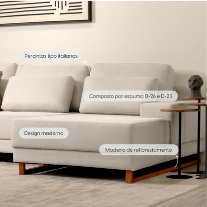 Sofá 6 Lugares com Chaise Lado Direito Mônaco 300 cm - Linho Texturizado Bege c/ Natural