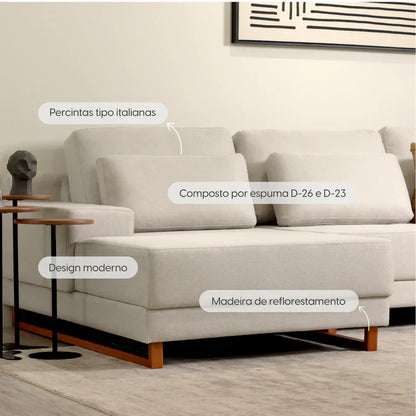 Conjunto Sala de Estar Rack para TV até 75” Flynt - Sofá 6 Lugares com Chaise Lado Esquerdo Mônaco