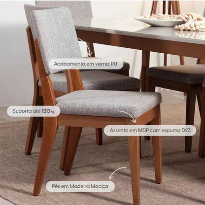 Conjunto de 2 Cadeiras de Madeira Maciça Estofada Ella - Natural c/ Linho Mescla Cinza