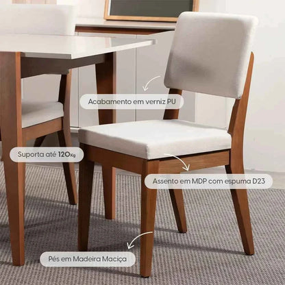 Conjunto de 2 Cadeiras de Madeira Maciça Estofada Ella - Natural c/ Linho Off White