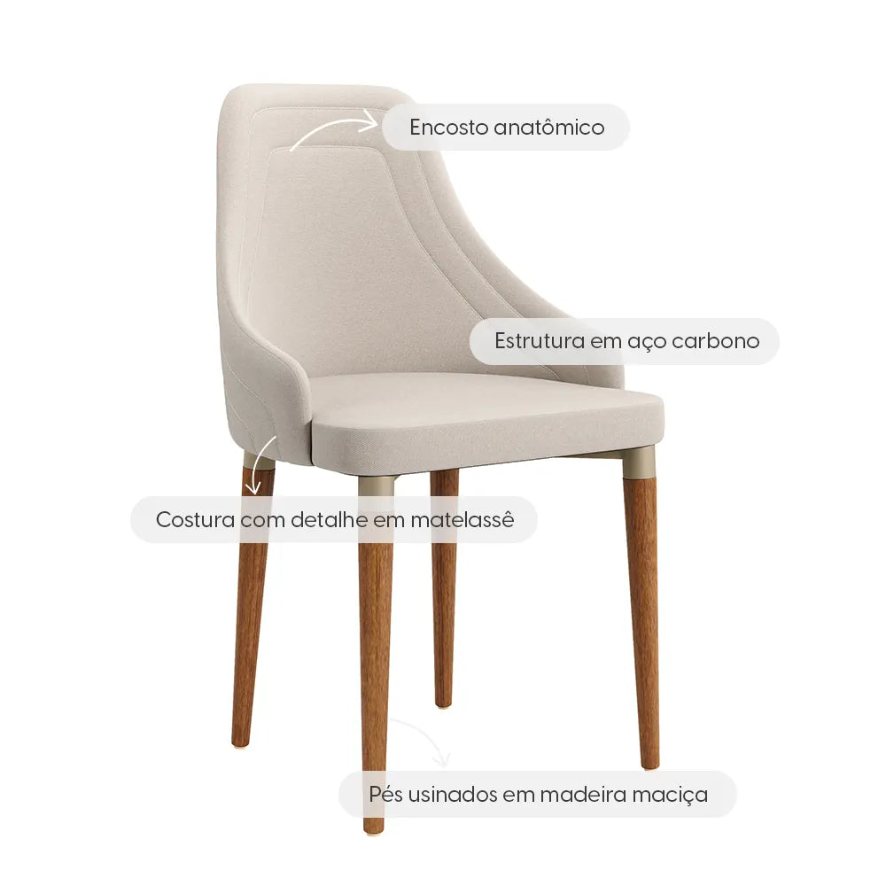 Conjunto de 2 Cadeiras de Madeira Maciça Estofada Evelyn - Natural c/ Linho Off White - Champanhe