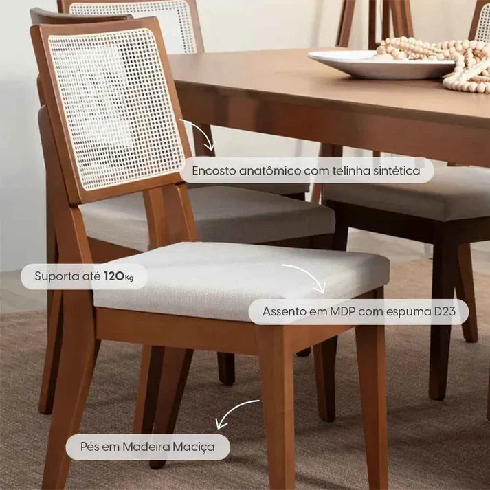 Conjunto de Jantar Mesa Retangular Avena 6 Cadeiras Saga Canella c/ Linho Mescla Cru