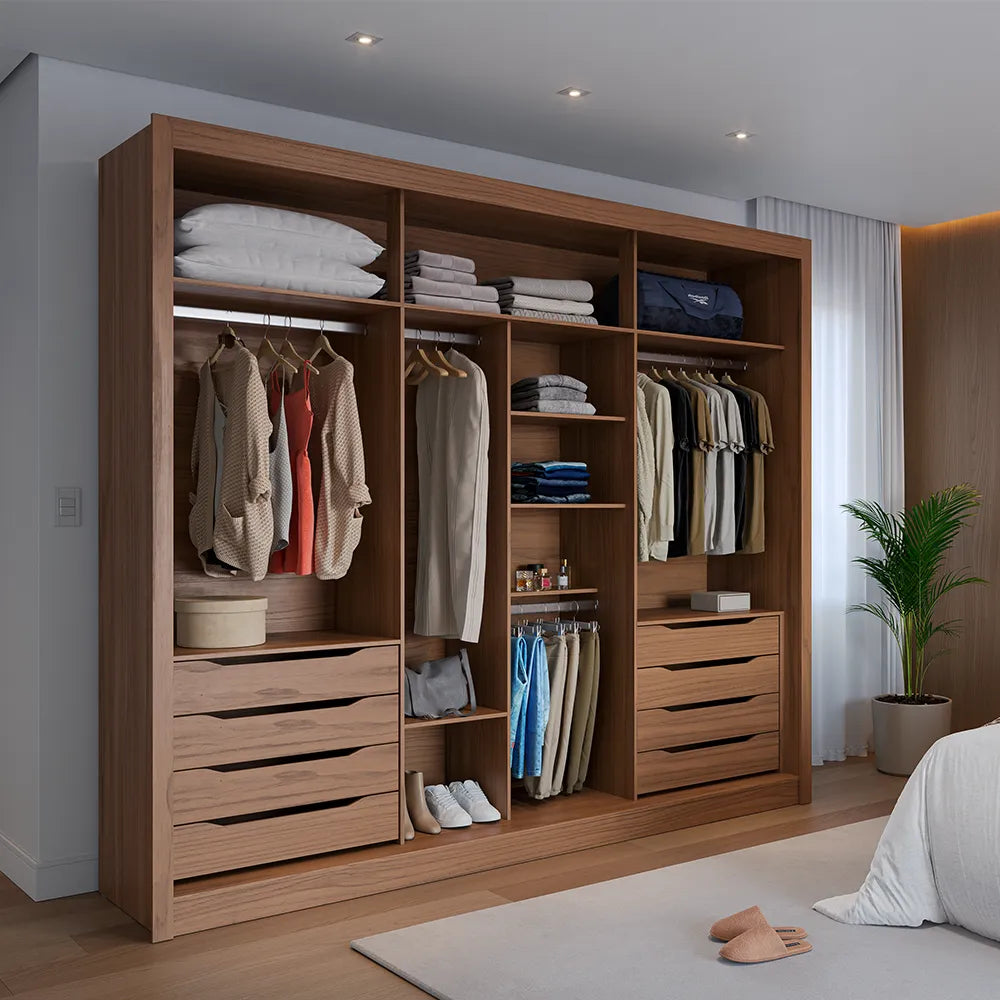 Guarda-Roupa Casal 3 Portas de Correr 8 Gavetas Montclair 275 cm - Canella c/ Off White Fosco