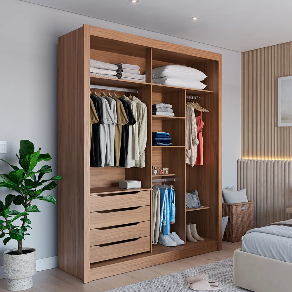 Guarda-Roupa Casal com Espelho 2 Portas de Correr 4 Gavetas Montclair 186 cm - Canella c/ Off White Fosco