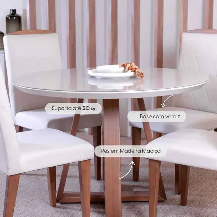 Conjunto de Jantar Mesa Redonda com Vidro Bennett 4 Cadeiras Lara Off White c/ Linho Off White