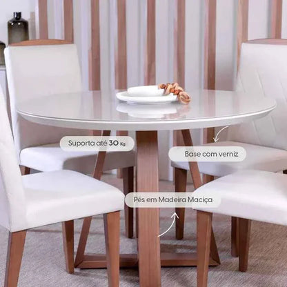 Conjunto de Jantar Mesa Redonda com Vidro Bennett 4 Cadeiras Lara Off White c/ Linho Off White