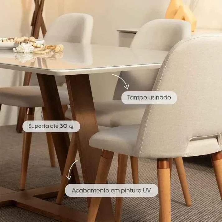 Conjunto de Jantar Mesa Redonda com Vidro Bennett 4 Cadeiras Lara - Off White c/ PU Off White
