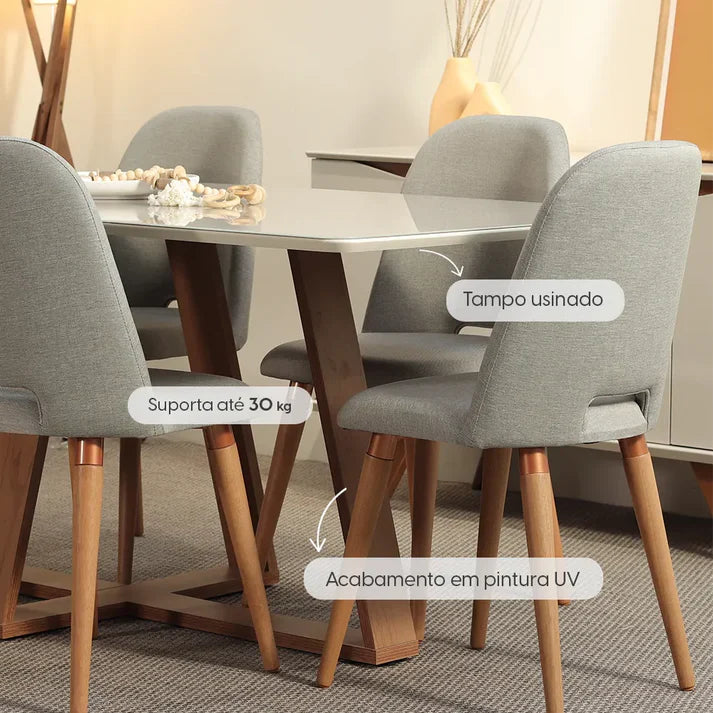 Conjunto de Jantar Mesa Retangular com Vidro Avena 6 Cadeiras Saga Off White c/ Linho Mescla Cru