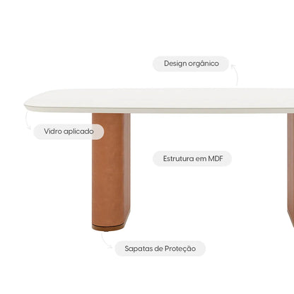 Mesa de Jantar Retangular c/ Vidro para 8 Lugares Lintz 219 cm - Off White Fosco c/ Canella - PU Caramelo