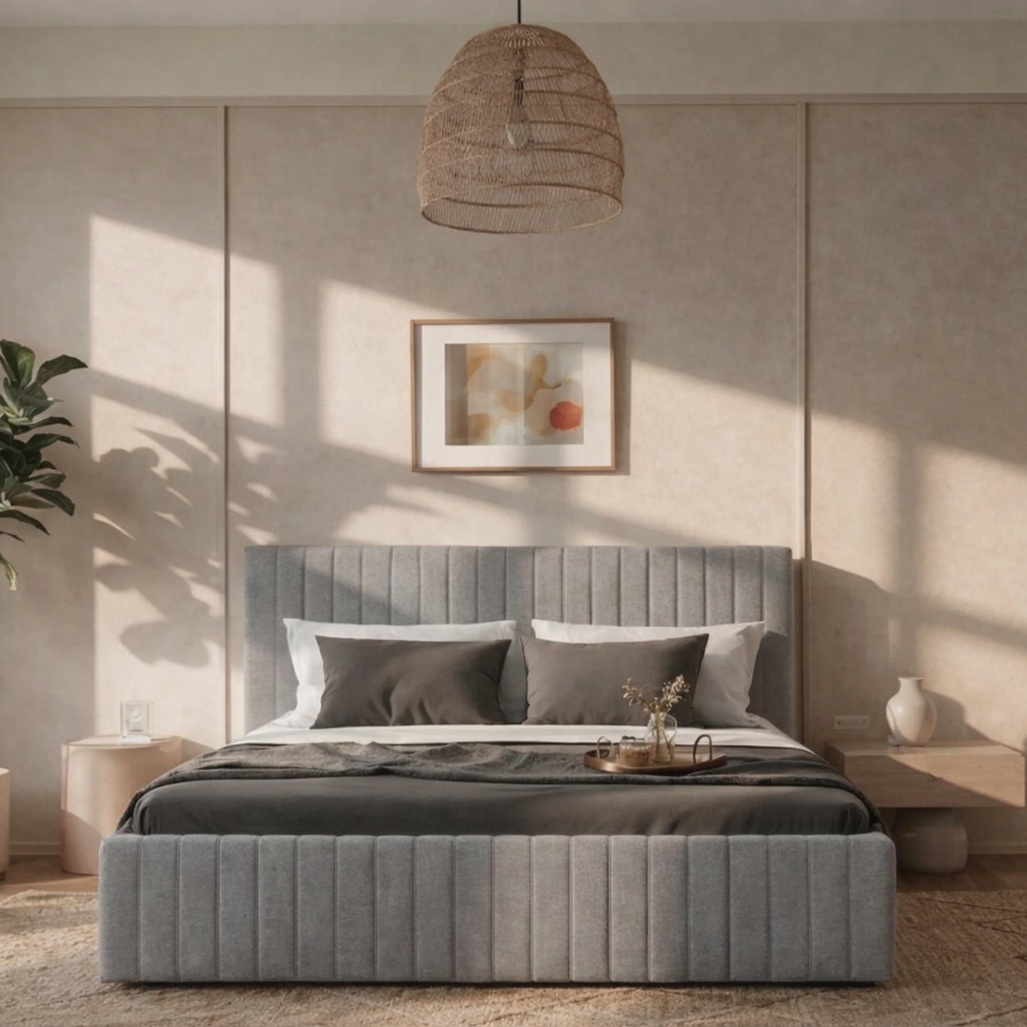 Cama Estofada de Casal com Cabeceira Louise - Linho Cinza