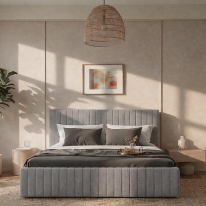 Cama Estofada de Casal com Cabeceira Louise - Linho Cinza