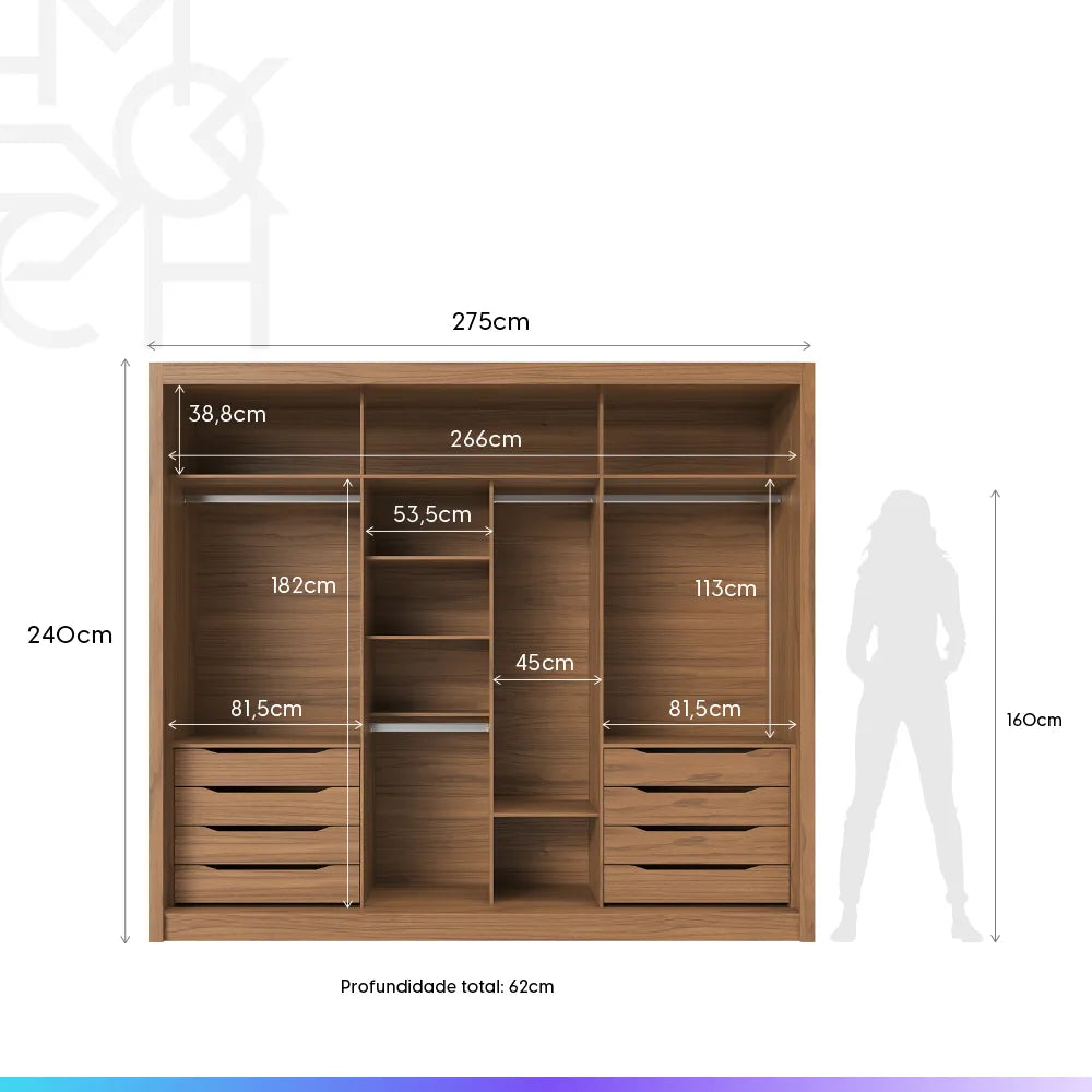 Guarda-Roupa Casal 3 Portas de Correr 8 Gavetas Montclair 275 cm - Canella c/ Off White Fosco