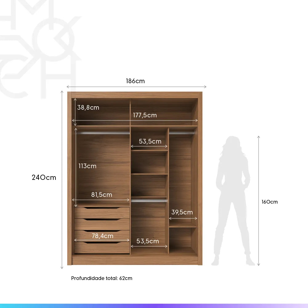 Guarda-Roupa Casal com Espelho 2 Portas de Correr 4 Gavetas Montclair 186 cm - Canella c/ Off White Fosco