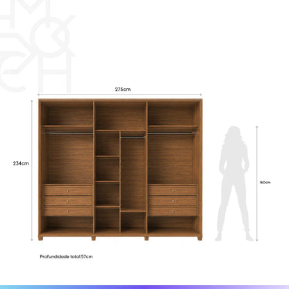 Guarda-Roupa Casal com Espelho 6 Portas 6 Gavetas 100% MDF Dayton 275 cm