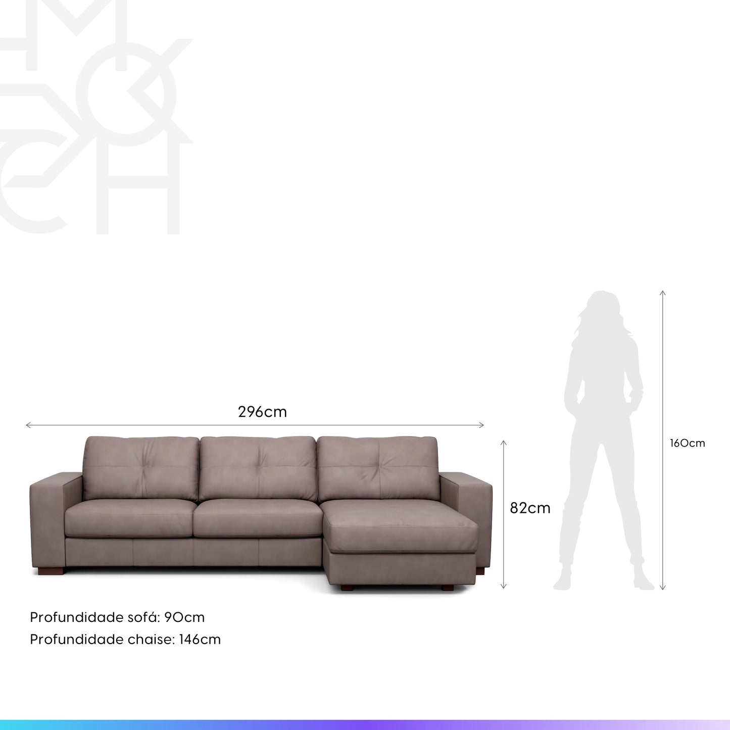 Sofá 5 Lugares com Chaise Lado Esquerdo Avalon 296 cm - Couro Natural Chumbo