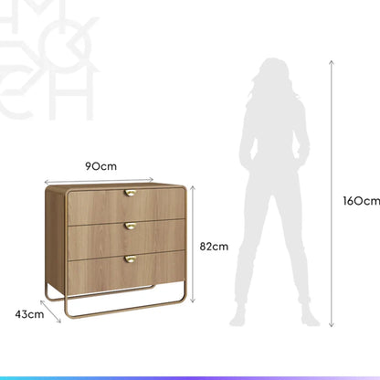 Conjunto 2 Mesas de Cabeceira com 2 Gavetas e Cômoda Dunna - Mel c/ Dourado