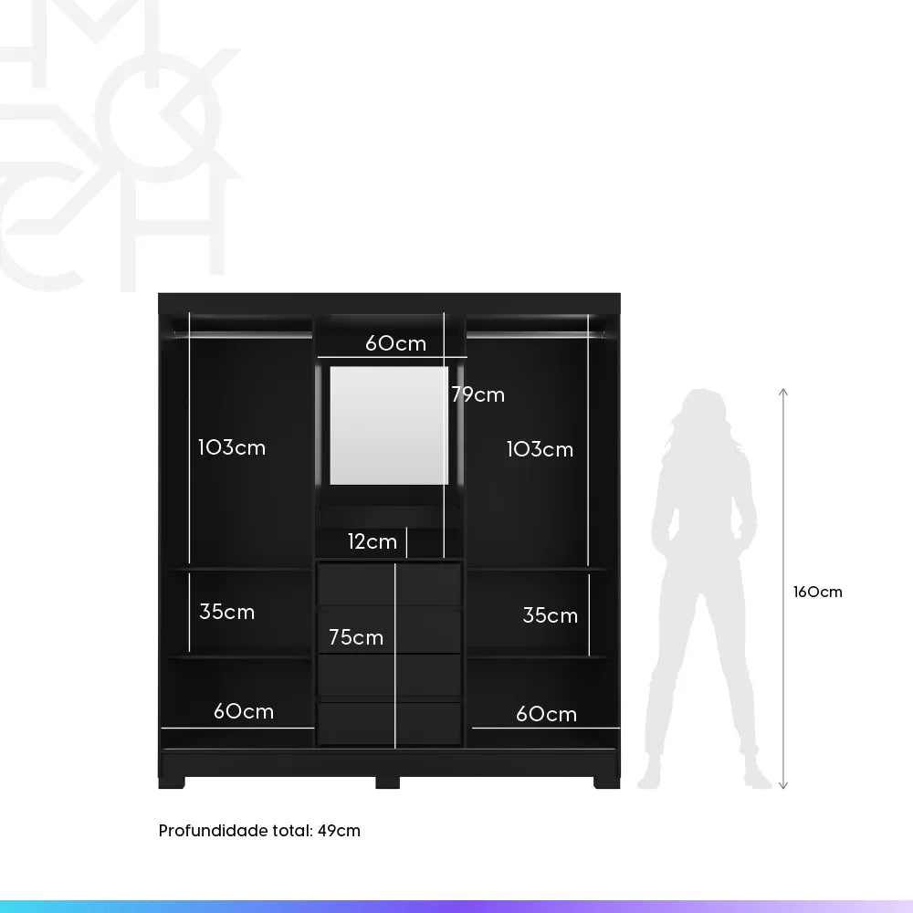 Guarda-Roupa Casal com Espelho 2 Portas de Correr 4 Gavetas Finley 184 cm