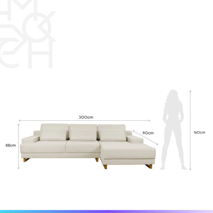 Sofá 6 Lugares com Chaise Lado Direito Mônaco 300 cm - Linho Texturizado Bege c/ Natural