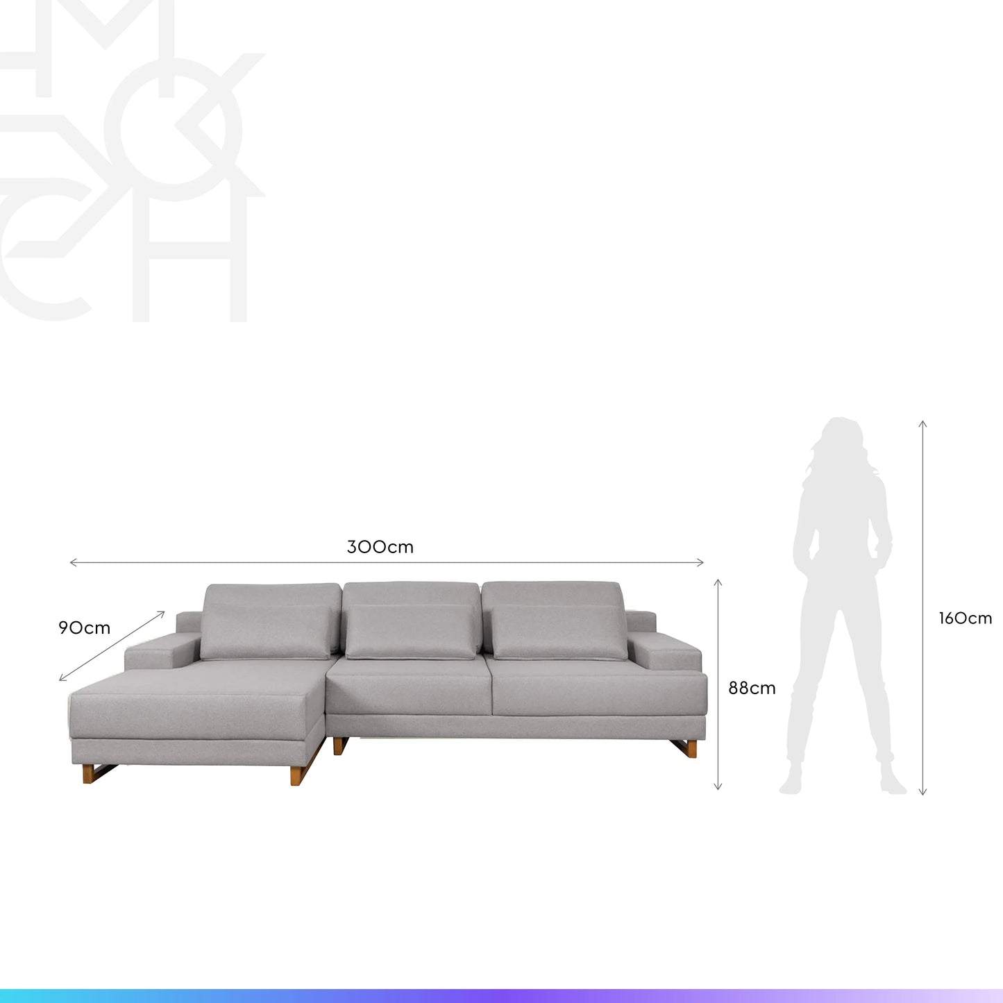 Sofá 6 Lugares com Chaise Lado Esquerdo Mônaco 300 cm - Linho Texturizado Cinza c/ Natural