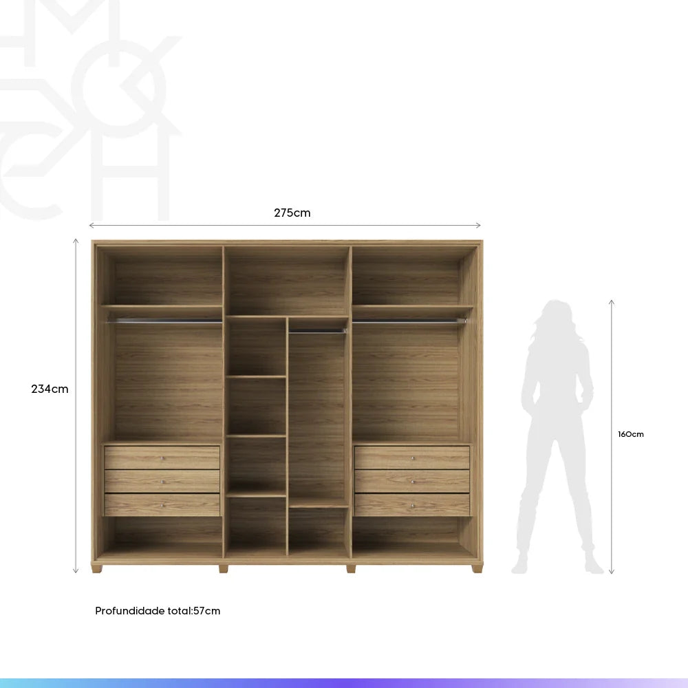 Guarda-Roupa Casal com Espelho 6 Portas 6 Gavetas 100% MDF Dayton 275 cm