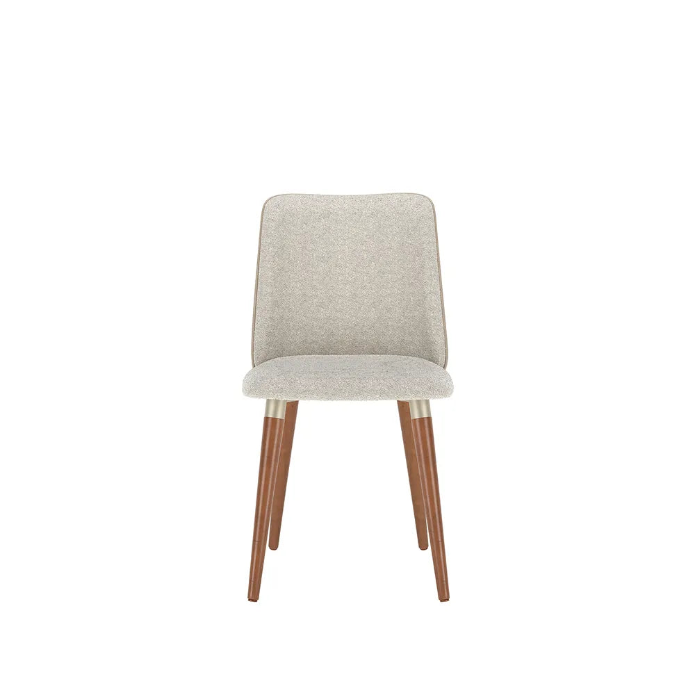 Conjunto de 2 Cadeiras de Madeira Maciça Estofada Dakota - Natural c/ Bouclé Cru e PU Off White - Champanhe