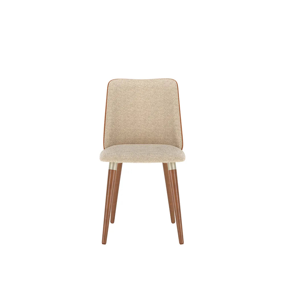 Conjunto de 2 Cadeiras de Madeira Maciça Estofada Dakota - Natural c/ Bouclé Fendi e PU Caramelo - Champanhe