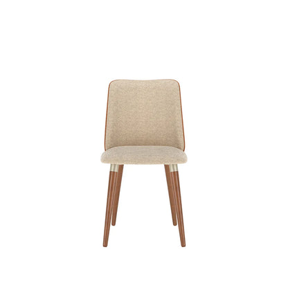 Conjunto de 2 Cadeiras de Madeira Maciça Estofada Dakota - Natural c/ Bouclé Fendi e PU Caramelo - Champanhe