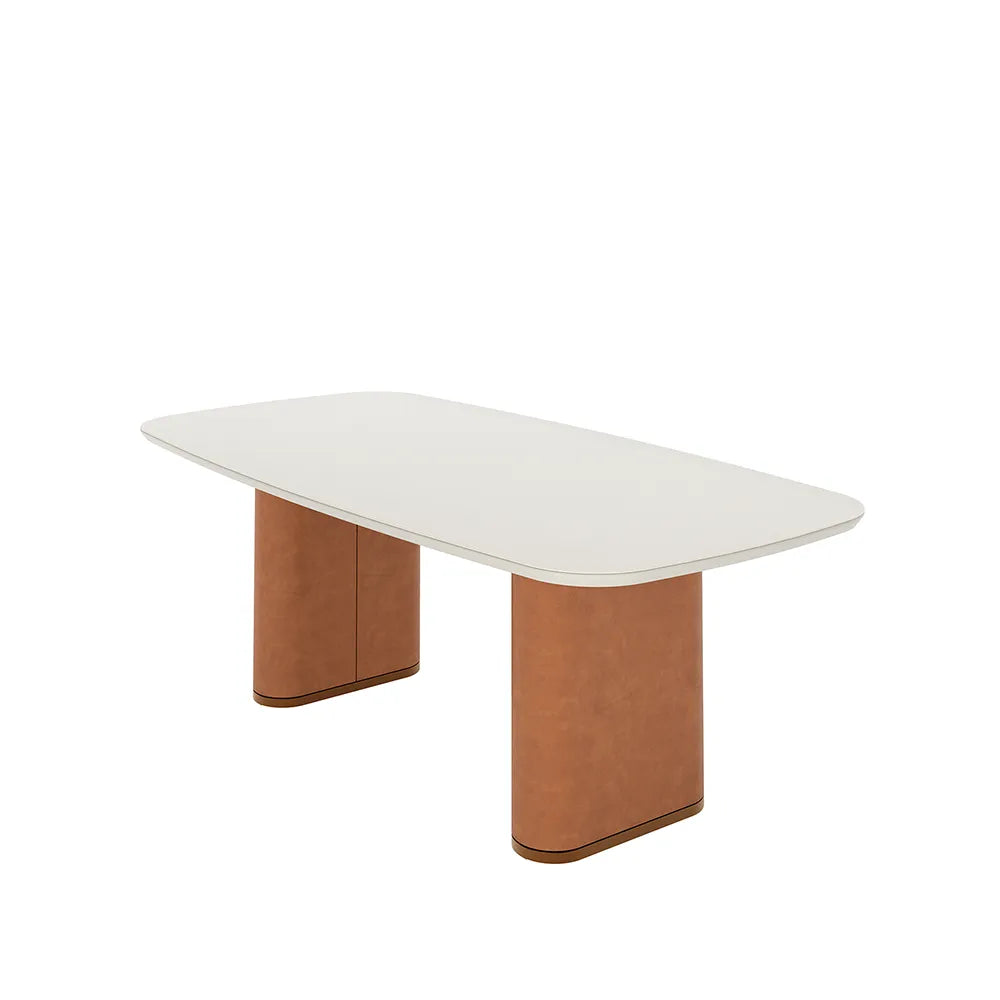 Mesa de Jantar Retangular c/ Vidro para 8 Lugares Lintz 219 cm - Off White Fosco c/ Canella - PU Caramelo