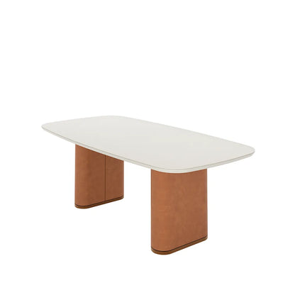Mesa de Jantar Retangular c/ Vidro para 8 Lugares Lintz 219 cm - Off White Fosco c/ Canella - PU Caramelo