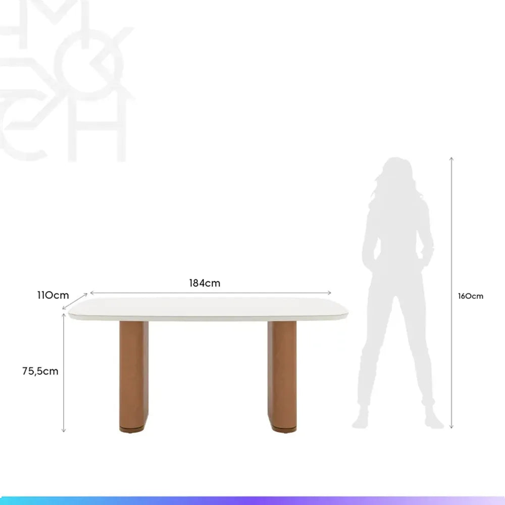 Conjunto de Jantar Mesa Retangular com Vidro Lintz com 8 Cadeiras Dakota - Off White c/ Caramelo