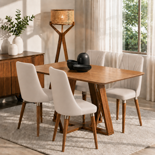 Conjunto De Jantar Mesa Retangular Avena 4 Cadeiras Lara Canella C/ Pu Off White