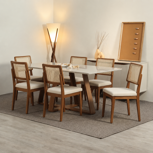 Conjunto de Jantar Mesa Retangular com Vidro Avena 6 Cadeiras Saga Off White c/ Linho Mescla Cru