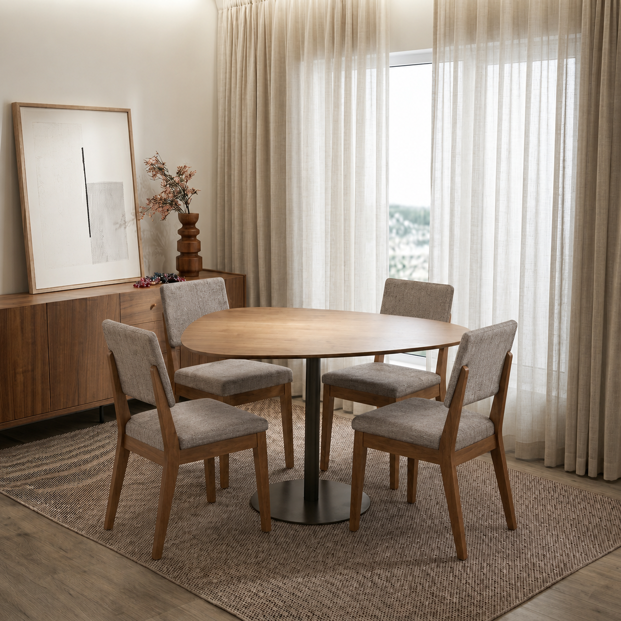Conjunto de Jantar Mesa Organica Kalyx 4 Cadeiras Ella Canella c/ Linho Mescla Cinza