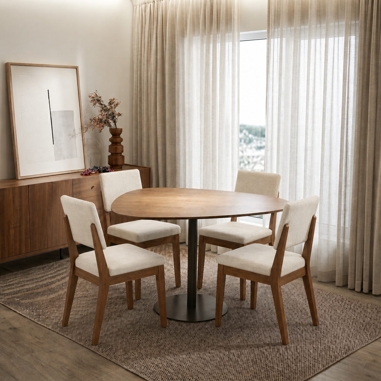 Conjunto de Jantar Mesa Organica Kalyx 4 Cadeiras Ella - Canella c/ Linho Off White