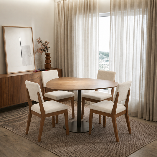 Conjunto de Jantar Mesa Organica Kalyx 4 Cadeiras Ella - Canella c/ Linho Off White
