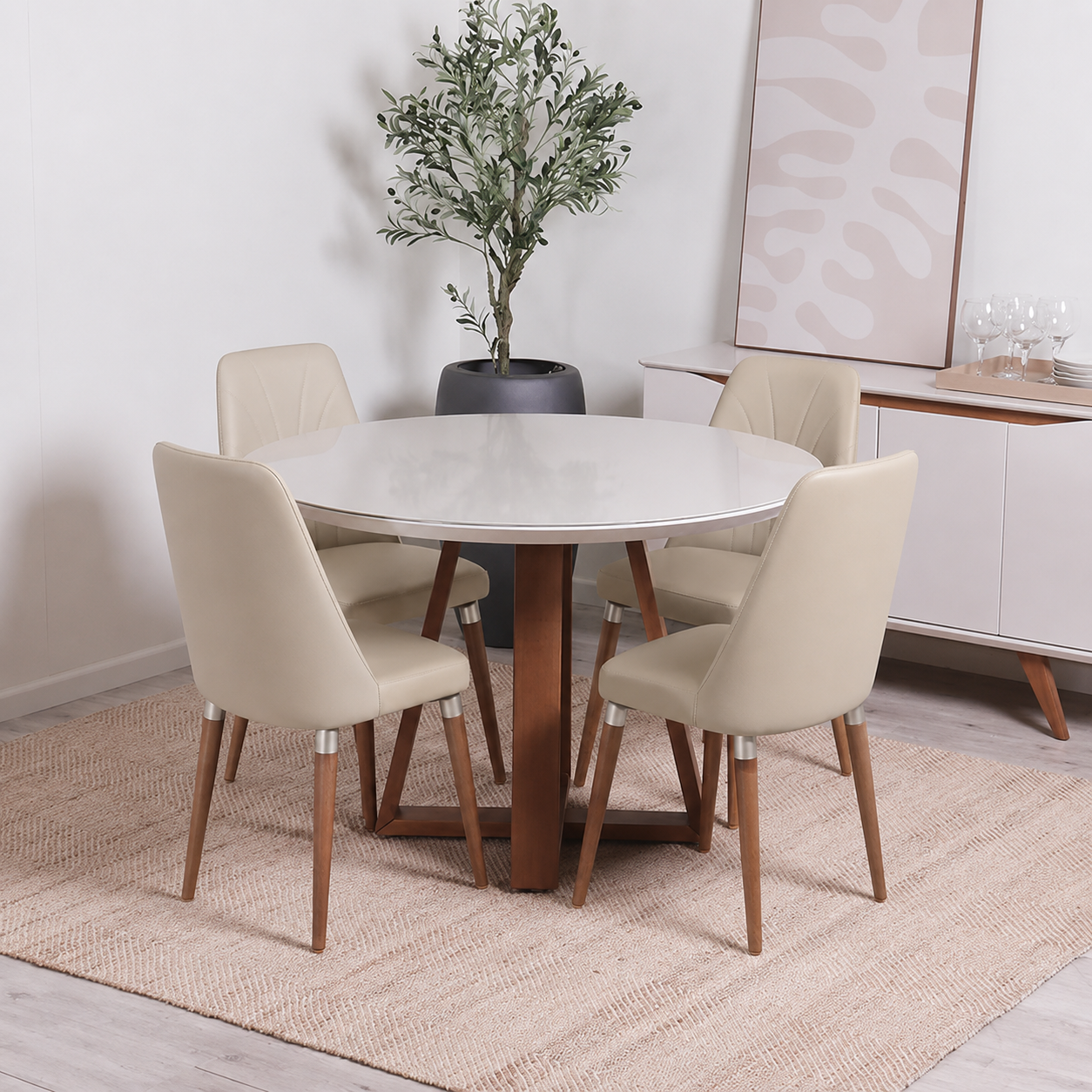 Conjunto de Jantar Mesa Redonda com Vidro Bennett 4 Cadeiras Lara - Off White c/ PU Off White